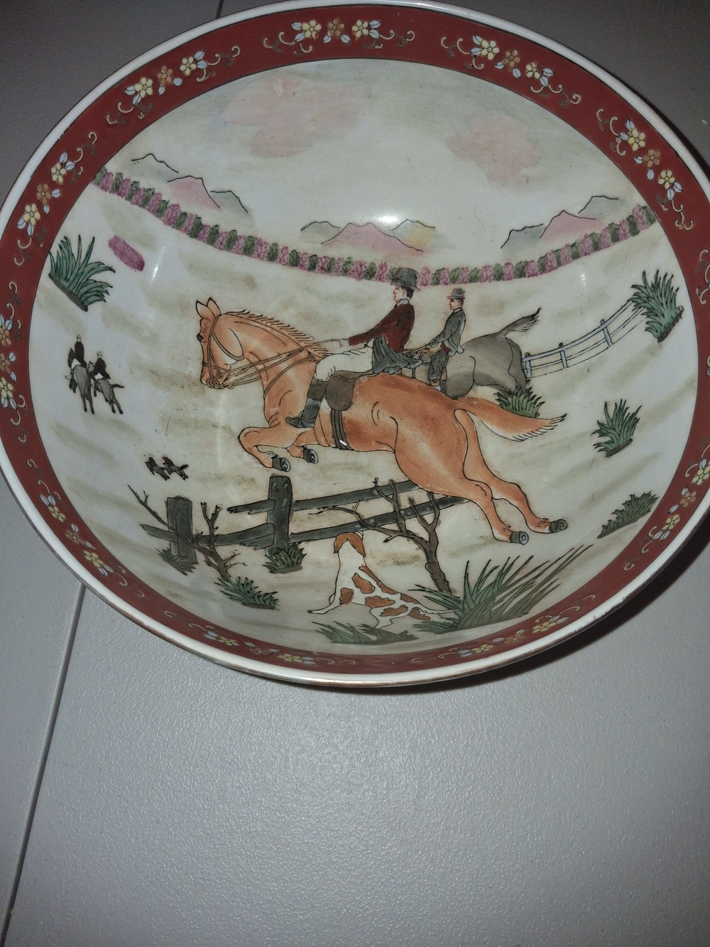 Decorative Hunting Scene Ceramic Wall Plate - Orange and Red